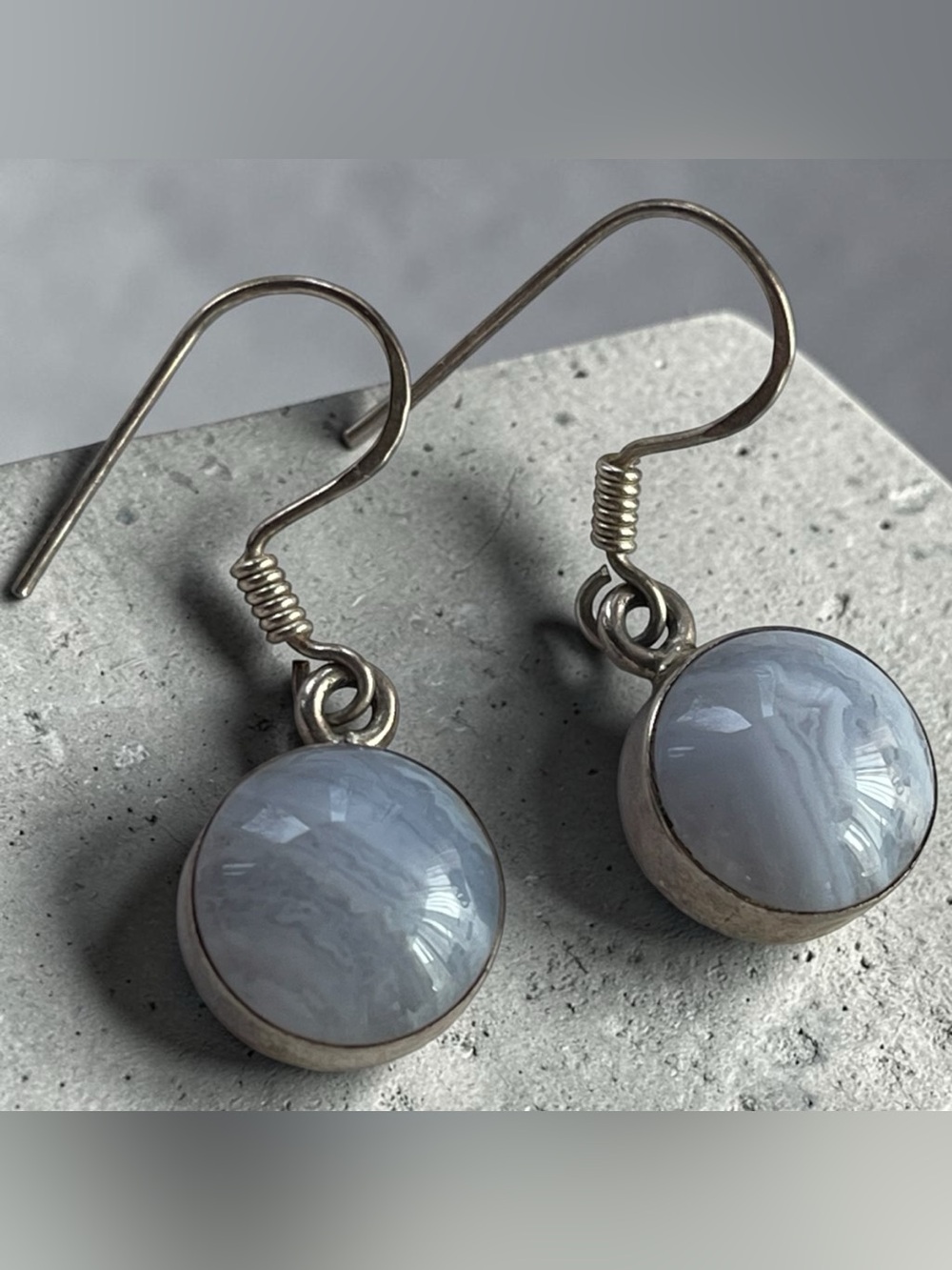 Blue Lace Agate Cabochon 925 Sterling Silver Drop Earrings Bezel Set 1.25”